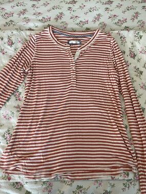 Anthropology Striped Long Sleeve Henley Tee - Rust & White
